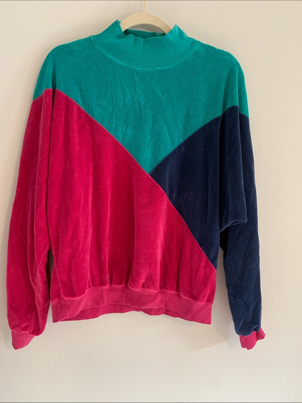 SK SPORT VINTAGE Colorblock Velour Pullover in Teal, Pink & Navy